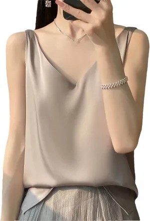 Women's Sleeveless Satin Silk Vest Summer Fashion Solid Color Casual Camisole Work Shirts