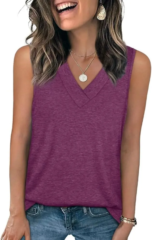 Women's Sleeveless V-Neck Slimming Loose Fit Casual Tank Top T-Shirt, Lightweight Soft Fabric, for Daily Wear, Beach, Office