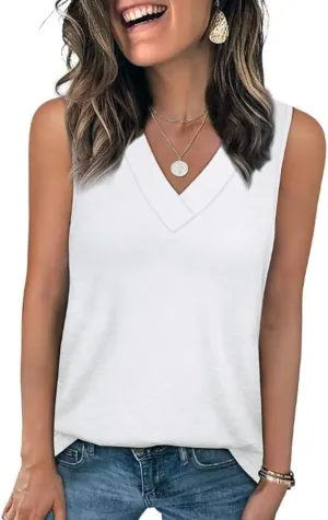 Women's Sleeveless V-Neck Slimming Loose Fit Casual Tank Top T-Shirt, Lightweight Soft Fabric, for Daily Wear, Beach, Office