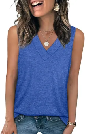 Women's Sleeveless V-Neck Slimming Loose Fit Casual Tank Top T-Shirt, Lightweight Soft Fabric, for Daily Wear, Beach, Office