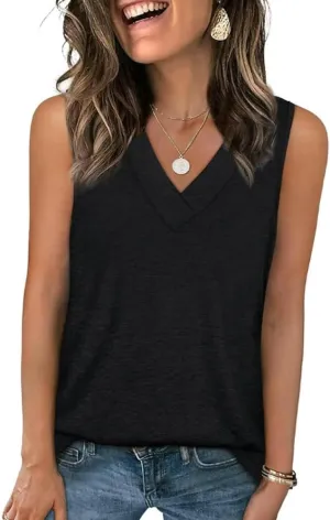 Women's Sleeveless V-Neck Slimming Loose Fit Casual Tank Top T-Shirt, Lightweight Soft Fabric, for Daily Wear, Beach, Office