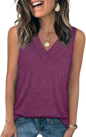 Women's Sleeveless V-Neck Slimming Loose Fit Casual Tank Top T-Shirt, Lightweight Soft Fabric, for Daily Wear, Beach, Office