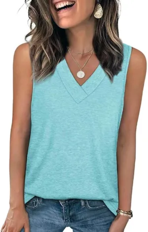 Women's Sleeveless V-Neck Slimming Loose Fit Casual Tank Top T-Shirt, Lightweight Soft Fabric, for Daily Wear, Beach, Office