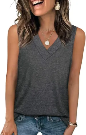 Women's Sleeveless V-Neck Slimming Loose Fit Casual Tank Top T-Shirt, Lightweight Soft Fabric, for Daily Wear, Beach, Office
