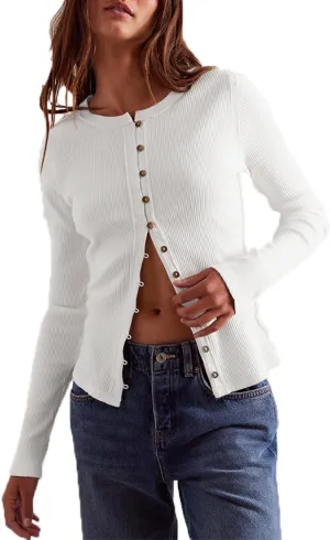 Womens Slim Fitted Cardigan Long Sleeve Ribbed Knit Button Down Shirts