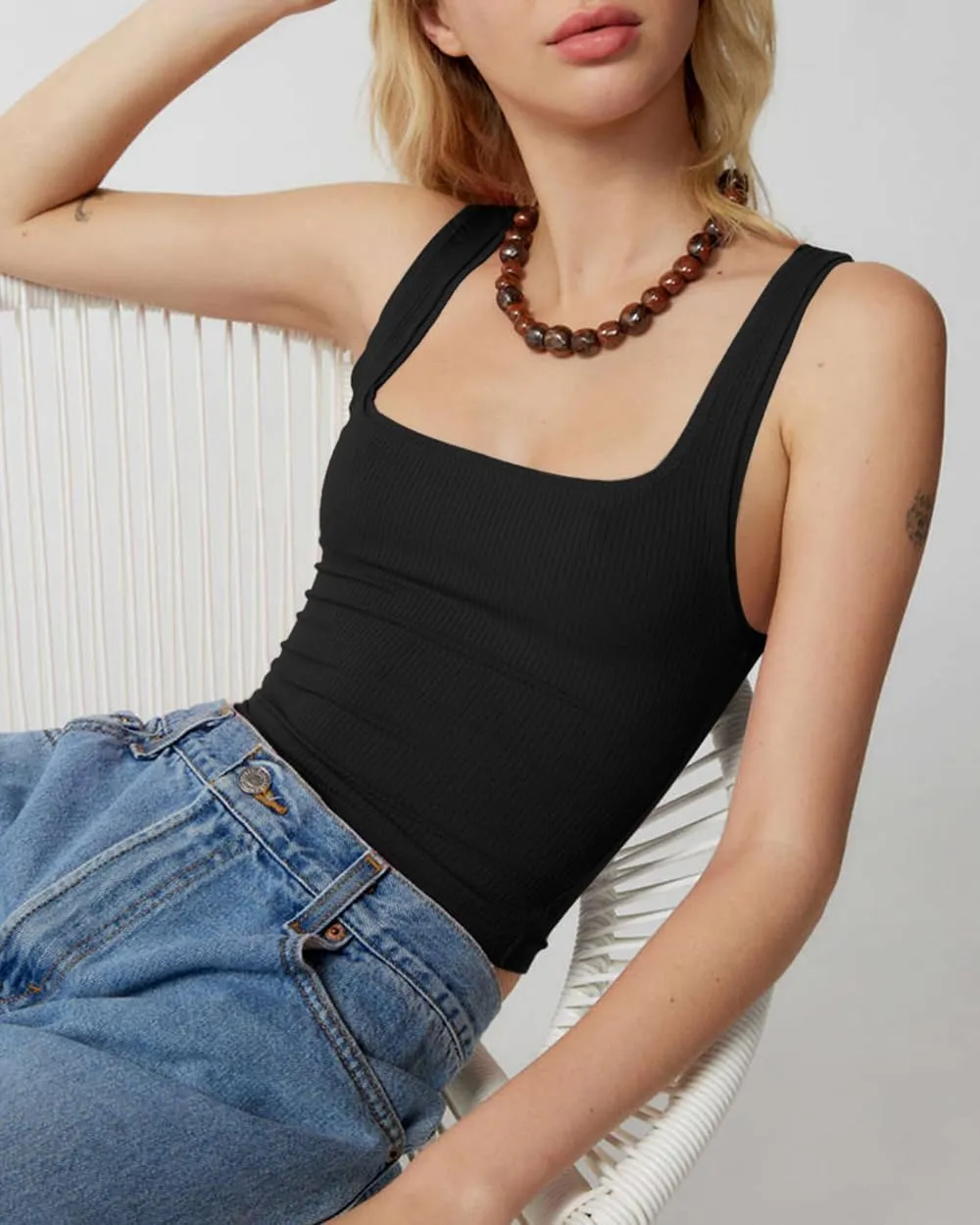 Women's Square Neck Tank Tops Sleeveless Ribbed Going Out Casual Basic Crop Top Shirts