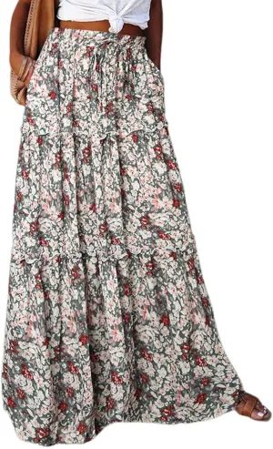 Women's Summer Casual Fashion Skirts Boho Print Elastic Waist Skirt Loose Comfortable High Waist Lace-Up Skirt