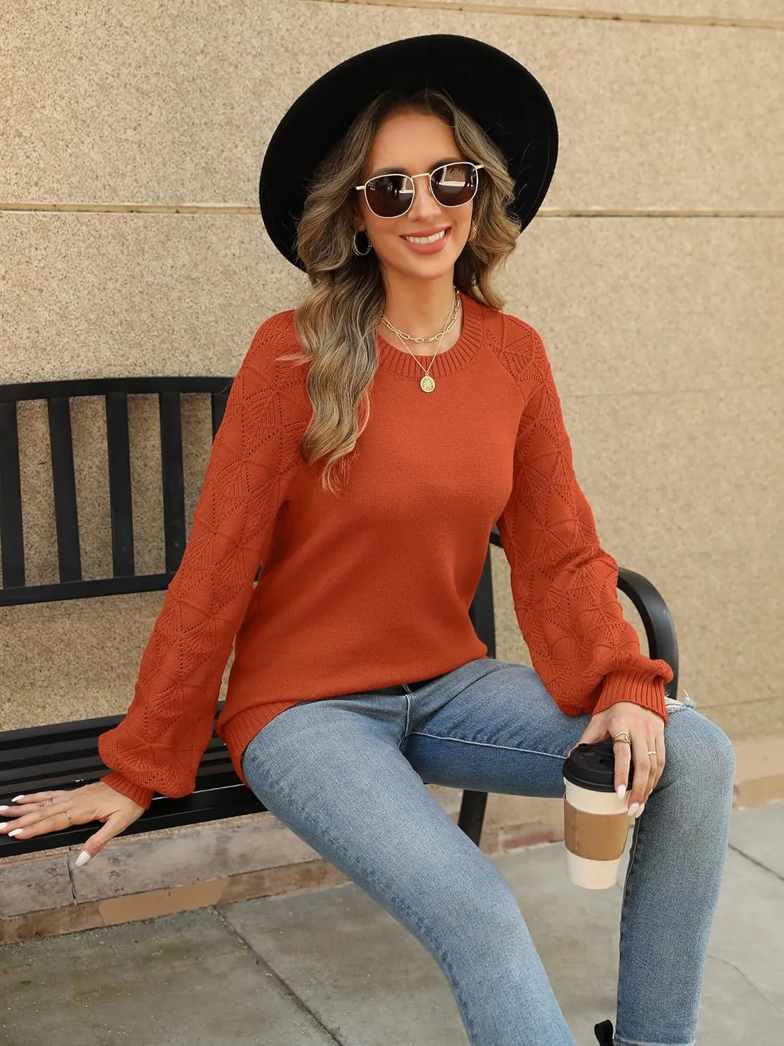 Womens Sweaters Casual Long Sleeve Crewneck Knit Lightweight Trendy Crochet Pullover Sweater Tops