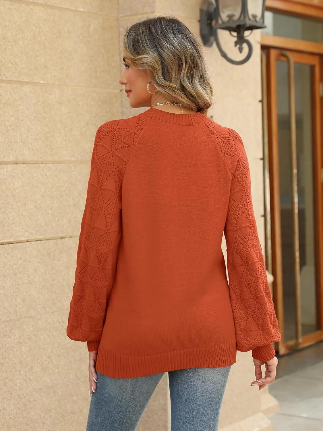 Womens Sweaters Casual Long Sleeve Crewneck Knit Lightweight Trendy Crochet Pullover Sweater Tops