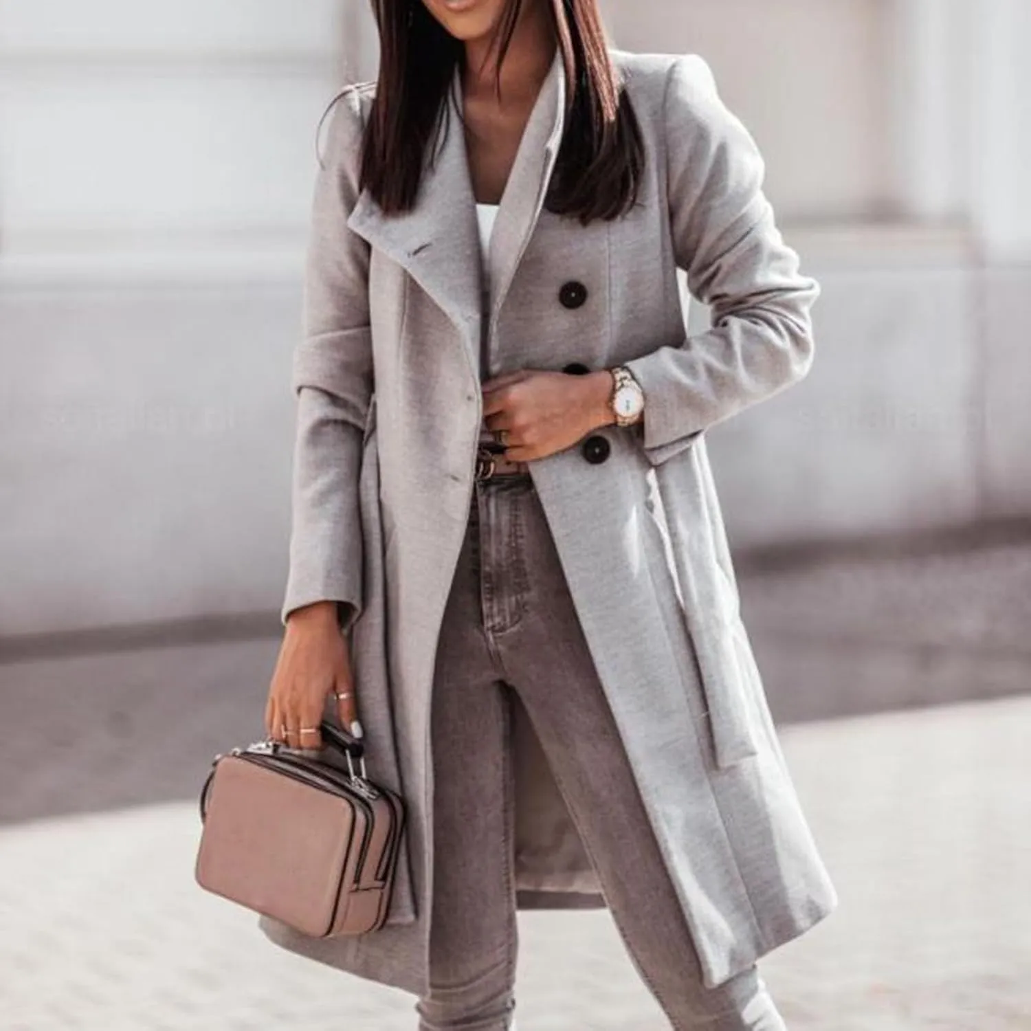 Women's Trench Coats Double Breasted Coat 2024 Fall Winter Mid Long Wool Blend Outwear Trendy Oversized Pea Overcoat
