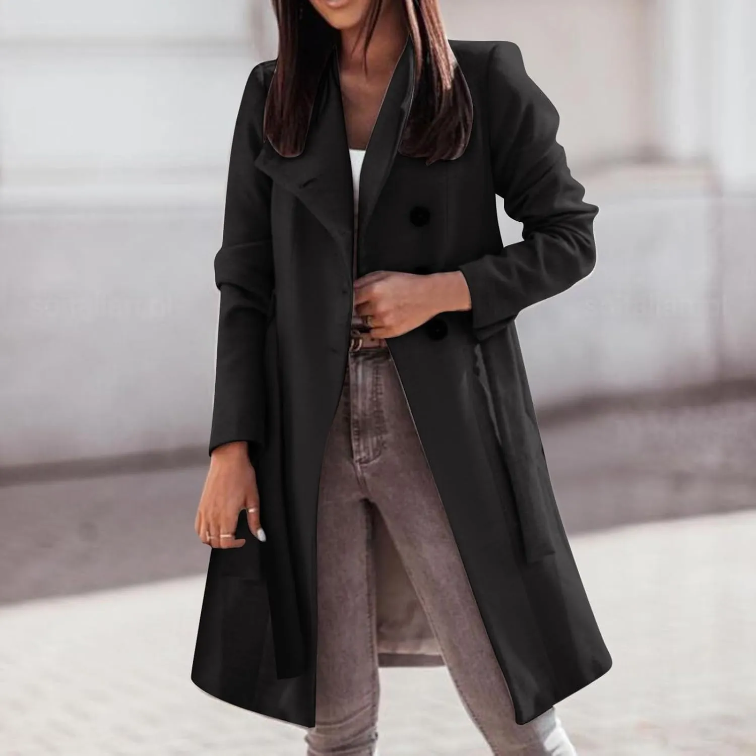 Women's Trench Coats Double Breasted Coat 2024 Fall Winter Mid Long Wool Blend Outwear Trendy Oversized Pea Overcoat