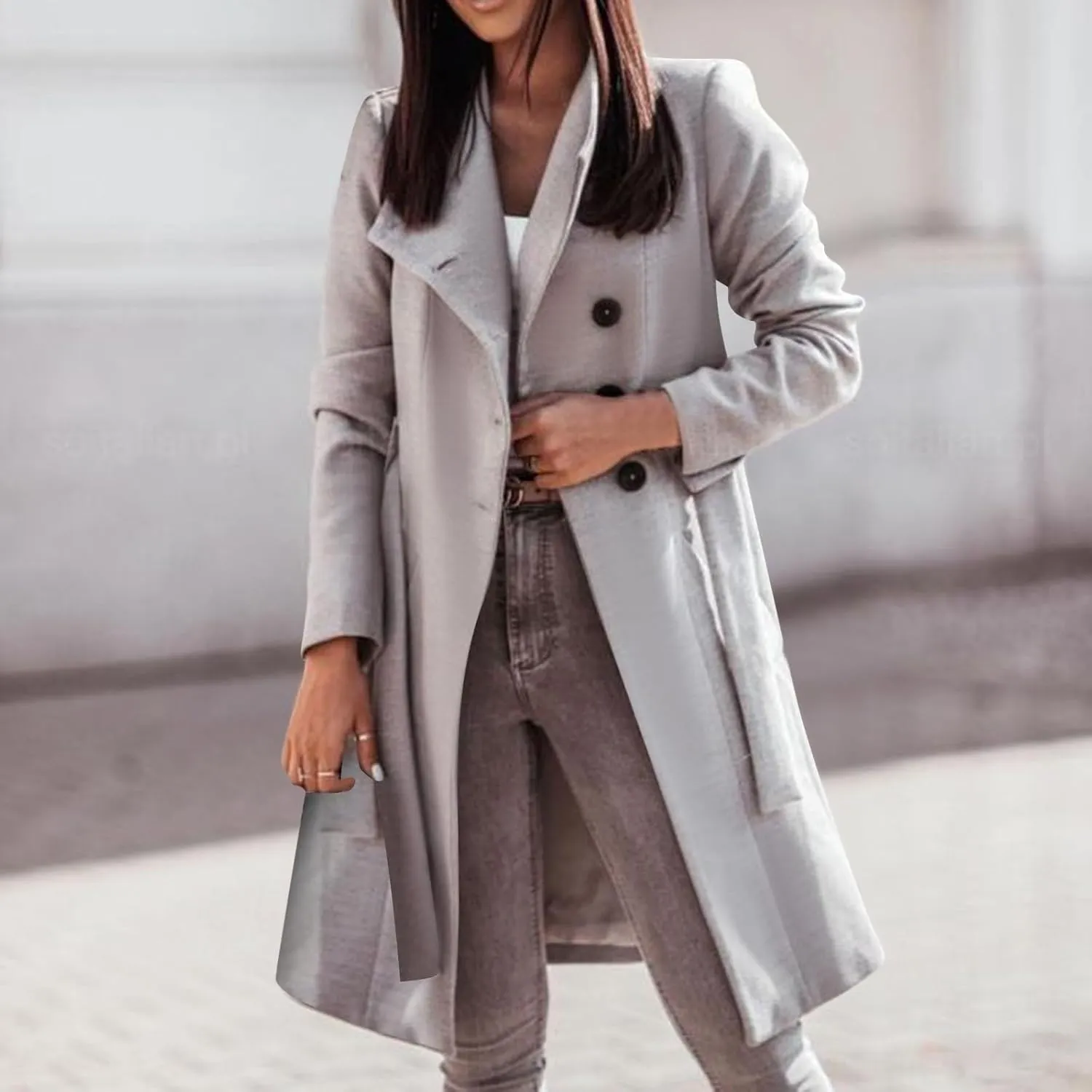 Women's Trench Coats Double Breasted Coat 2024 Fall Winter Mid Long Wool Blend Outwear Trendy Oversized Pea Overcoat