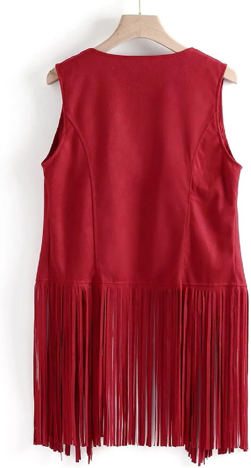Womens Vintage Western Fringe Vest Tops Suede Leather 70s Cowboy Shirts Sleeveless Tassel Cardigan Waistcoats