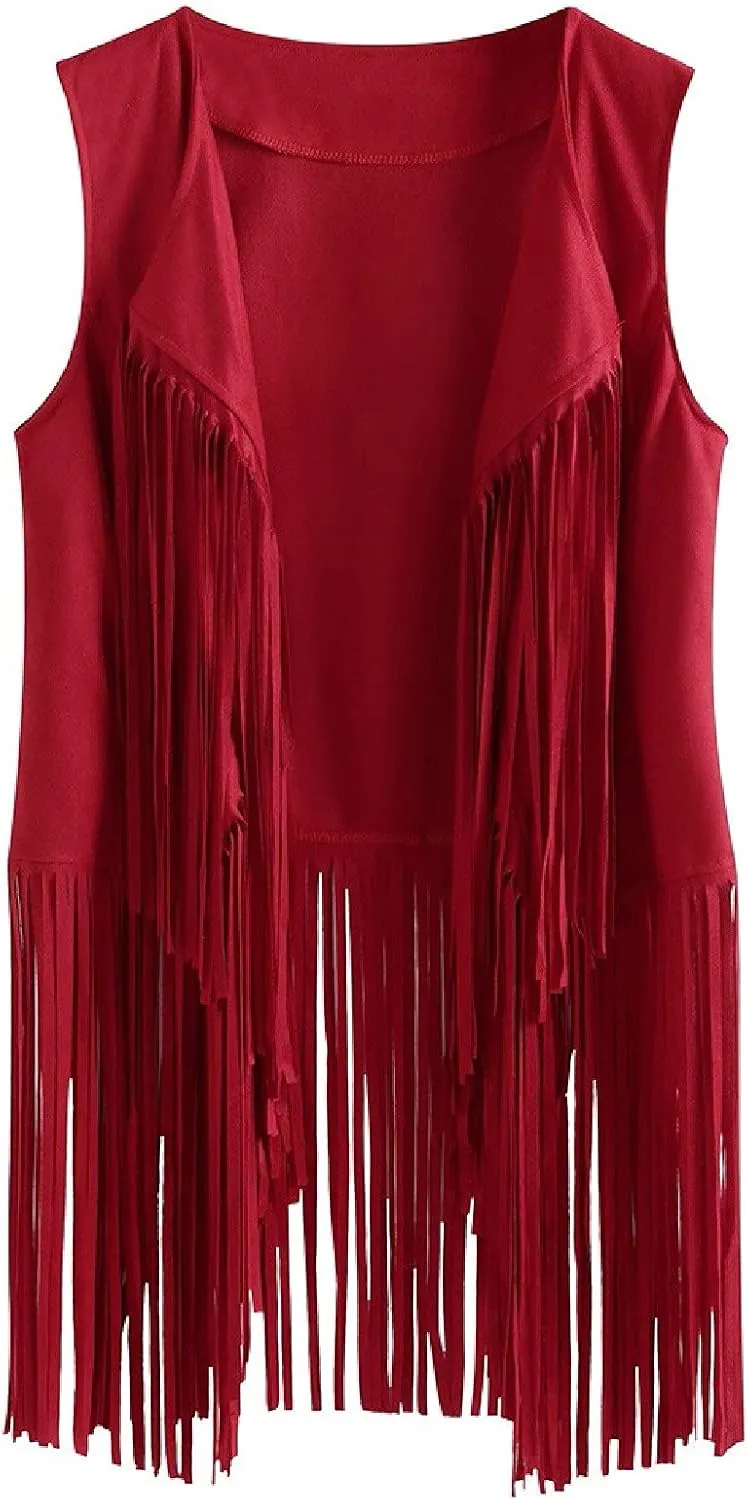Womens Vintage Western Fringe Vest Tops Suede Leather 70s Cowboy Shirts Sleeveless Tassel Cardigan Waistcoats