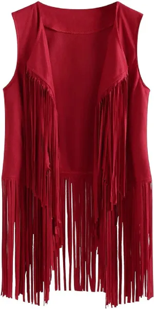 Womens Vintage Western Fringe Vest Tops Suede Leather 70s Cowboy Shirts Sleeveless Tassel Cardigan Waistcoats