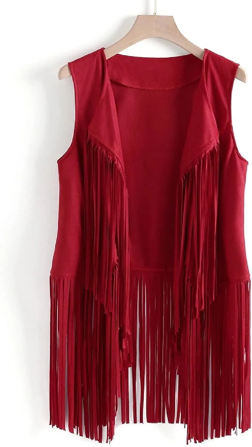 Womens Vintage Western Fringe Vest Tops Suede Leather 70s Cowboy Shirts Sleeveless Tassel Cardigan Waistcoats