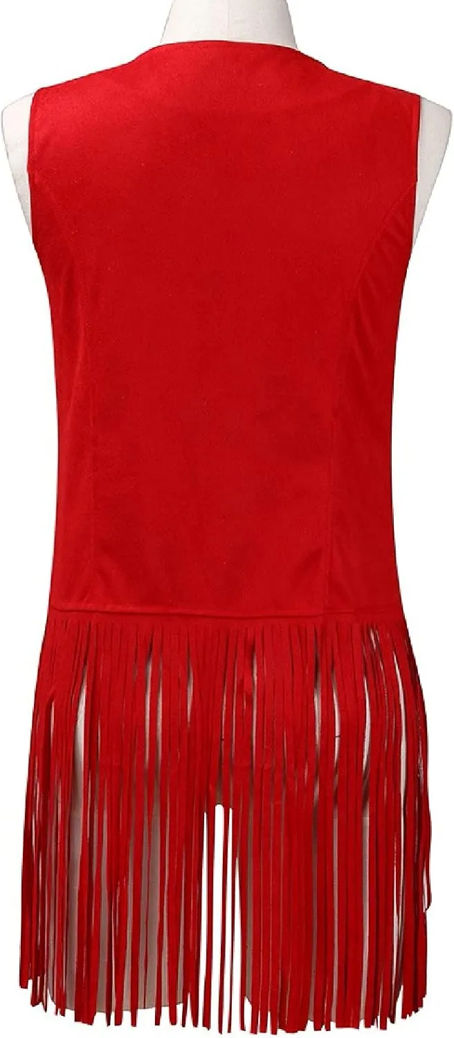 Womens Vintage Western Fringe Vest Tops Suede Leather 70s Cowboy Shirts Sleeveless Tassel Cardigan Waistcoats