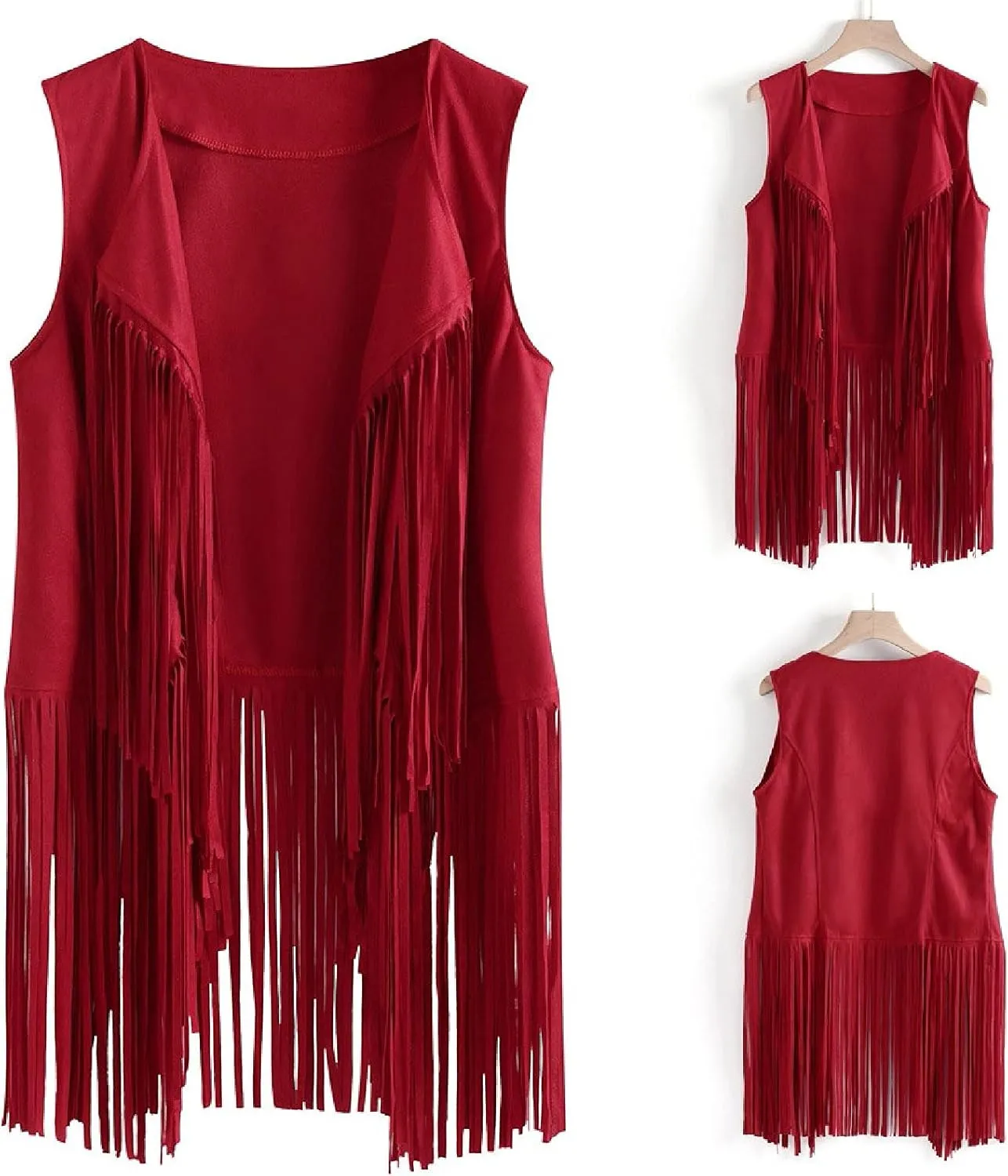 Womens Vintage Western Fringe Vest Tops Suede Leather 70s Cowboy Shirts Sleeveless Tassel Cardigan Waistcoats