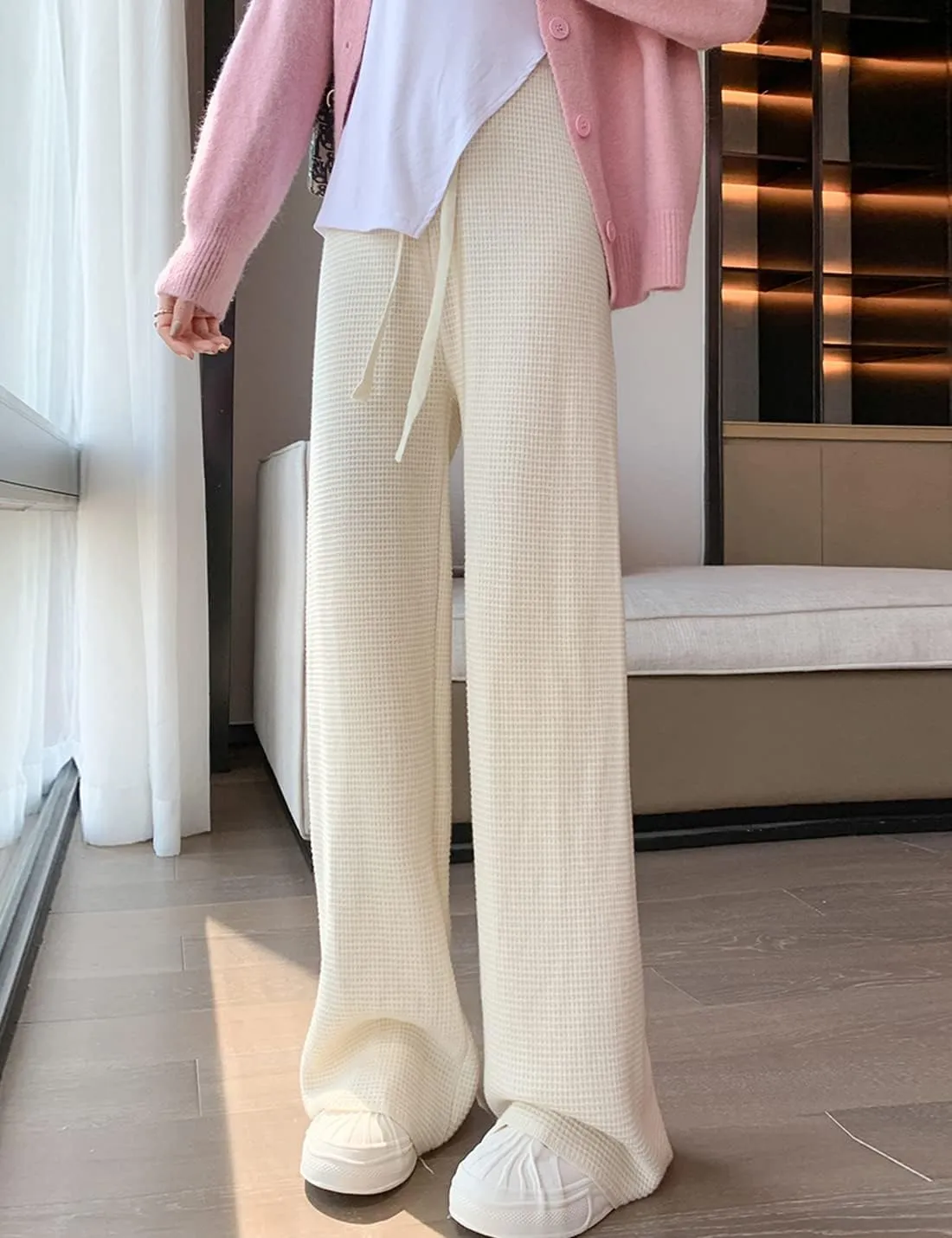 Womens Waffle Knit Lounge Wide Leg Pants High Elastic Waist Flowy Sweater Pants with Drawstring