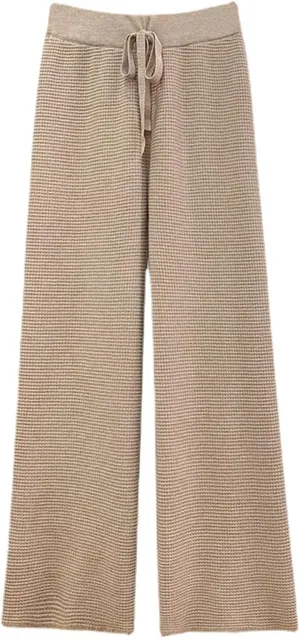 Womens Waffle Knit Lounge Wide Leg Pants High Elastic Waist Flowy Sweater Pants with Drawstring