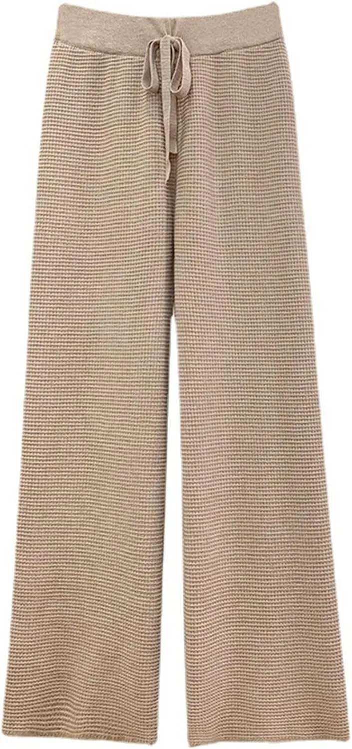 Womens Waffle Knit Lounge Wide Leg Pants High Elastic Waist Flowy Sweater Pants with Drawstring