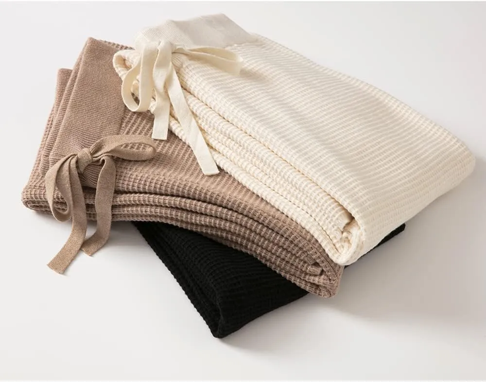 Womens Waffle Knit Lounge Wide Leg Pants High Elastic Waist Flowy Sweater Pants with Drawstring