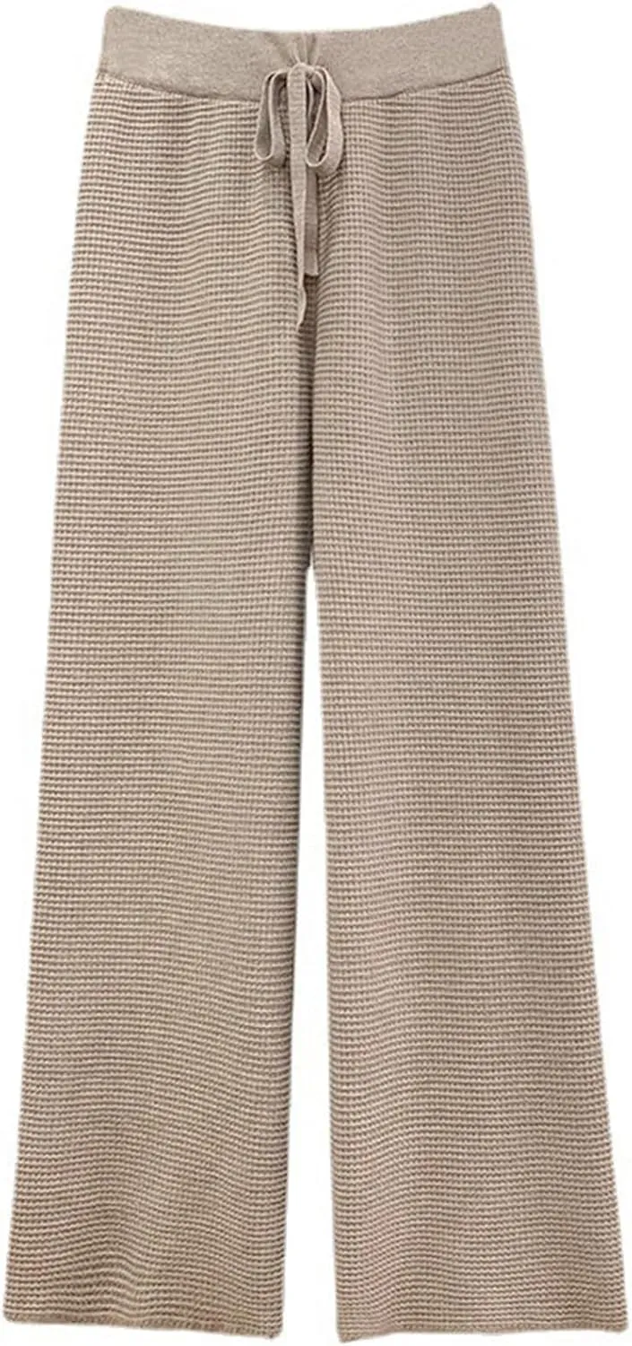 Womens Waffle Knit Lounge Wide Leg Pants High Elastic Waist Flowy Sweater Pants with Drawstring