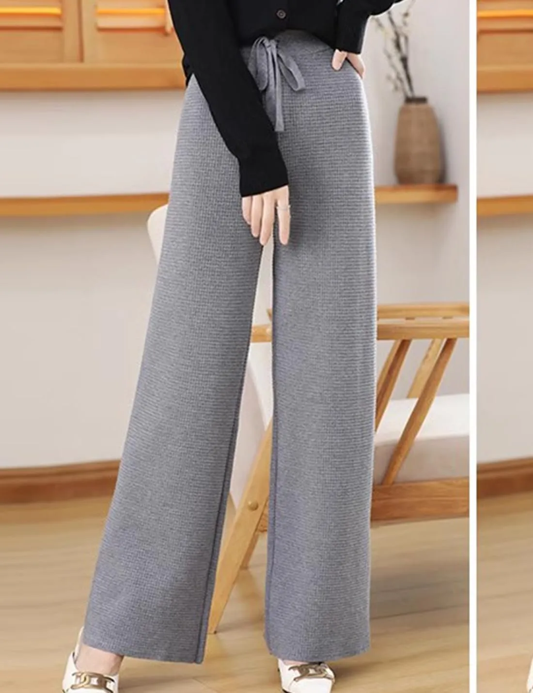 Womens Waffle Knit Lounge Wide Leg Pants High Elastic Waist Flowy Sweater Pants with Drawstring
