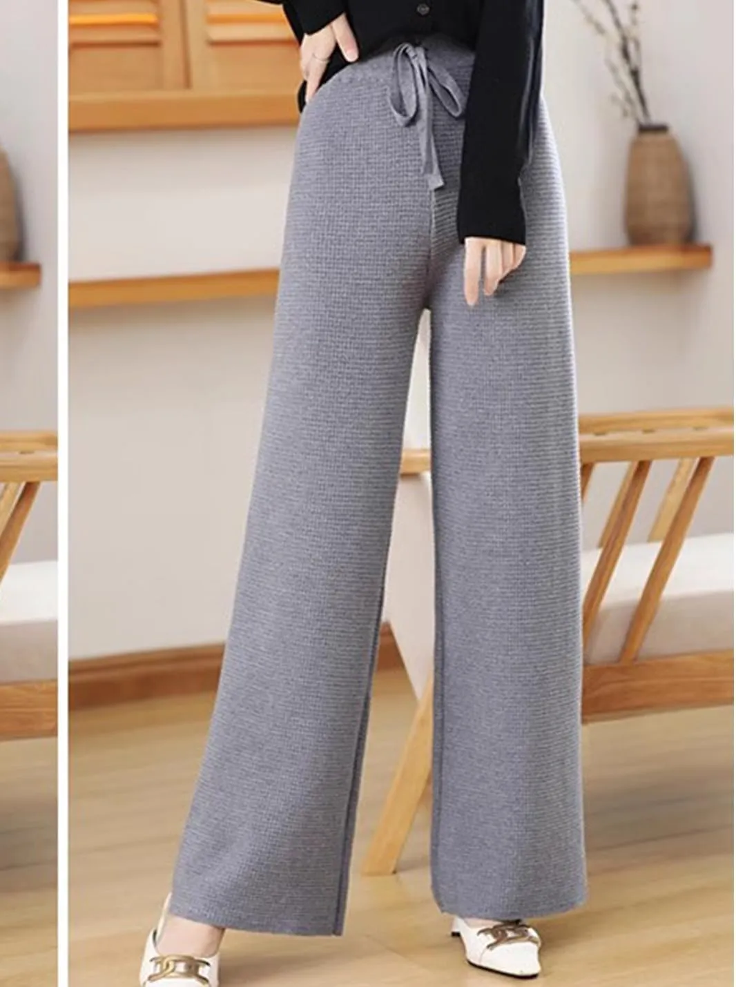 Womens Waffle Knit Lounge Wide Leg Pants High Elastic Waist Flowy Sweater Pants with Drawstring
