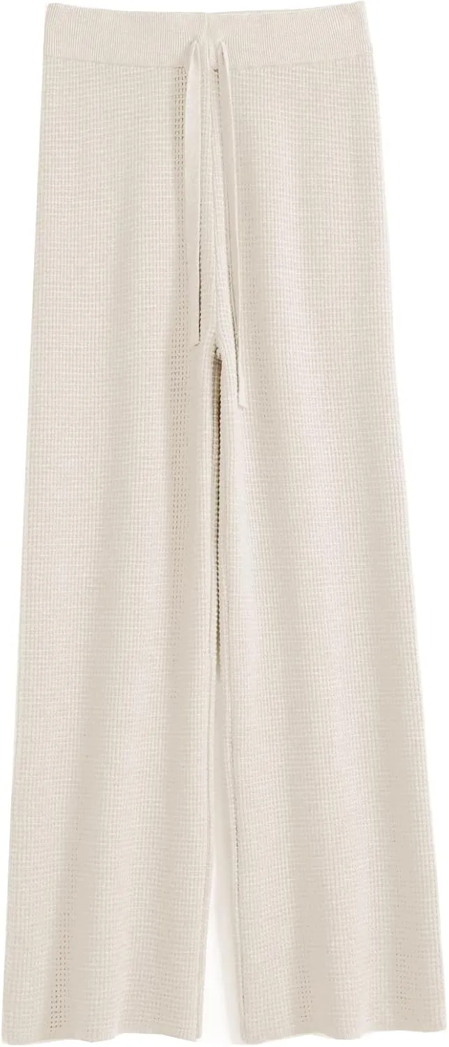 Womens Waffle Knit Lounge Wide Leg Pants High Elastic Waist Flowy Sweater Pants with Drawstring