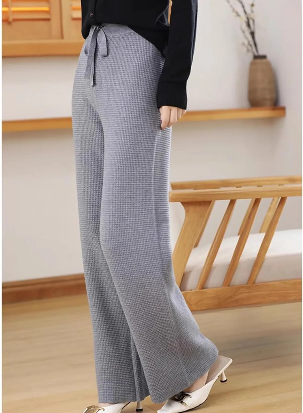 Womens Waffle Knit Lounge Wide Leg Pants High Elastic Waist Flowy Sweater Pants with Drawstring