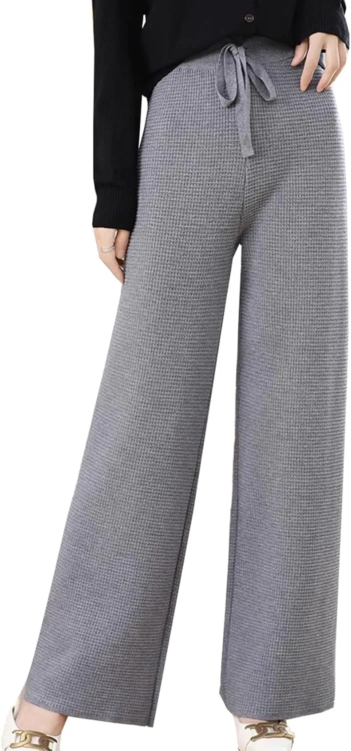 Womens Waffle Knit Lounge Wide Leg Pants High Elastic Waist Flowy Sweater Pants with Drawstring