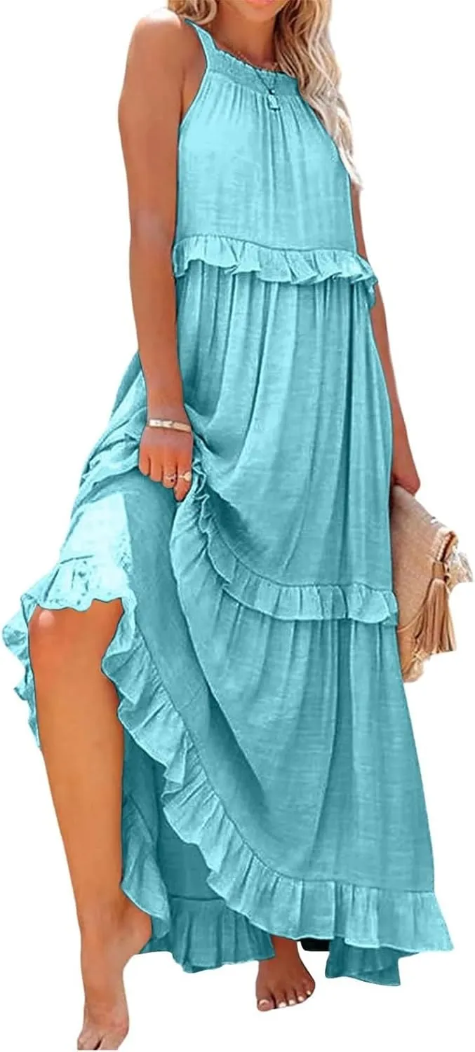 Womens Weddings Sleeveless Fashion Dresses Maxi Casual Loose Ruffled Sleeve Elegant Summer Hem Comfortable Soft Dress