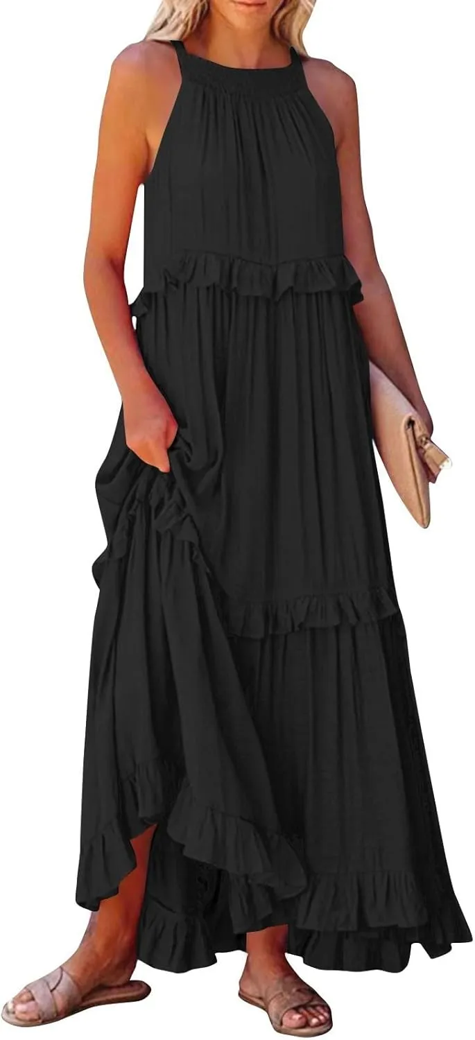 Womens Weddings Sleeveless Fashion Dresses Maxi Casual Loose Ruffled Sleeve Elegant Summer Hem Comfortable Soft Dress