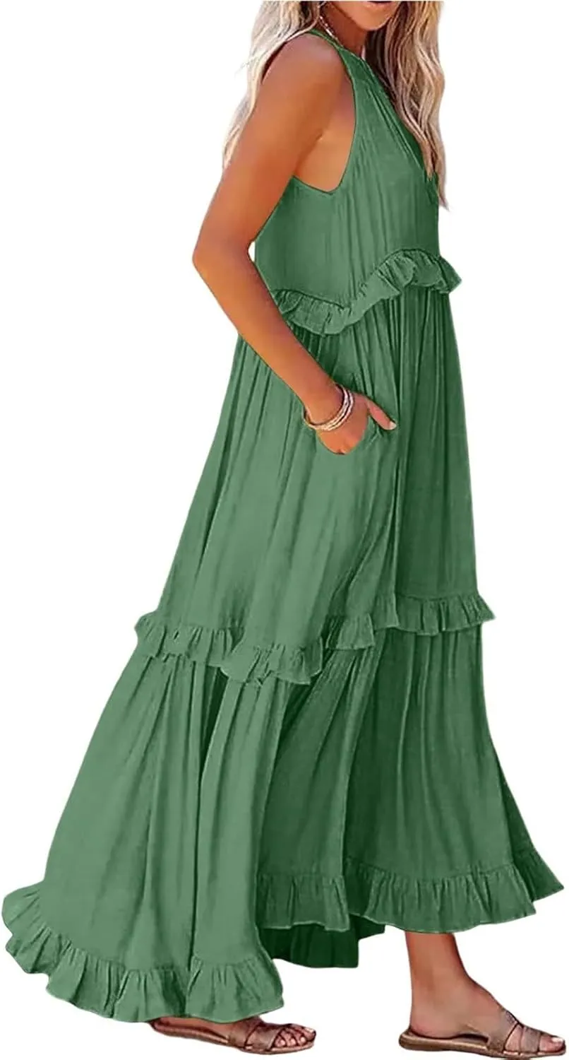 Womens Weddings Sleeveless Fashion Dresses Maxi Casual Loose Ruffled Sleeve Elegant Summer Hem Comfortable Soft Dress