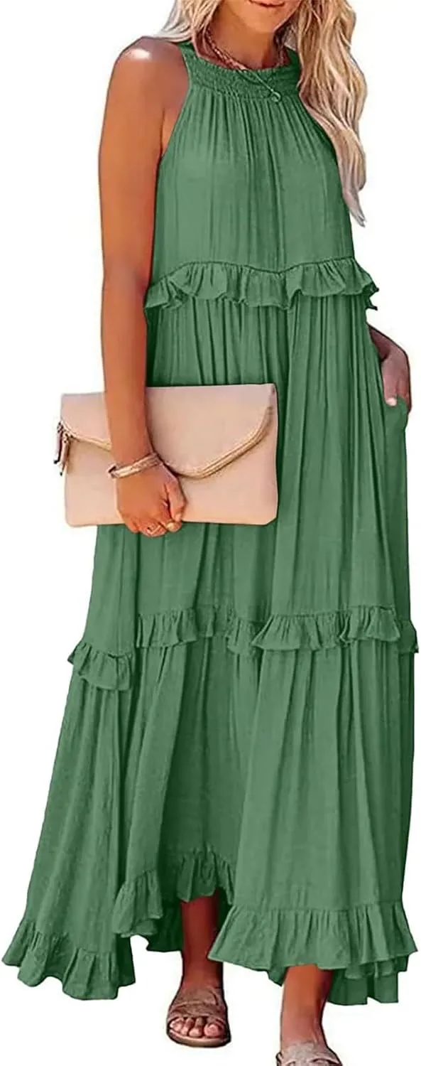 Womens Weddings Sleeveless Fashion Dresses Maxi Casual Loose Ruffled Sleeve Elegant Summer Hem Comfortable Soft Dress