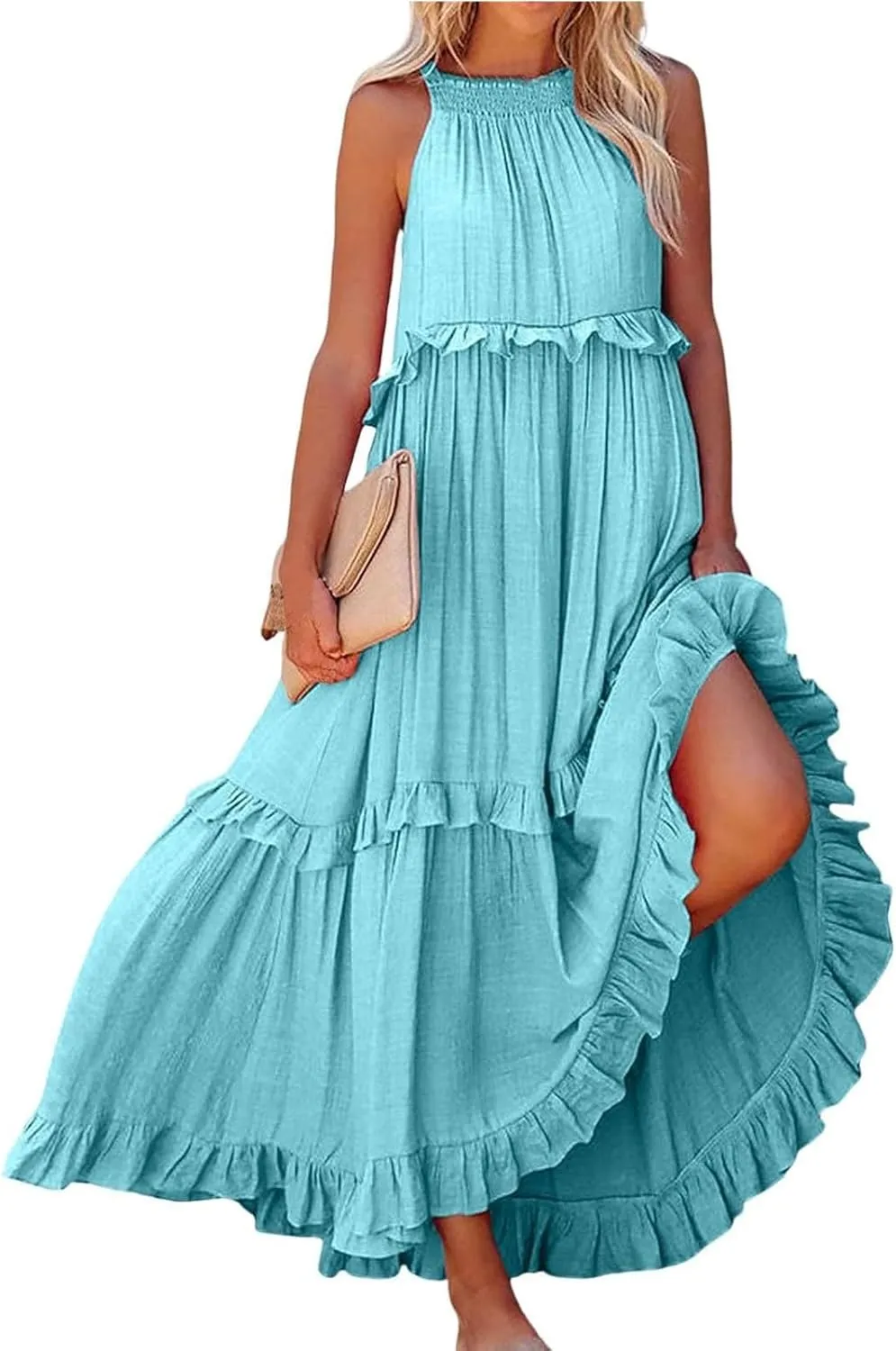 Womens Weddings Sleeveless Fashion Dresses Maxi Casual Loose Ruffled Sleeve Elegant Summer Hem Comfortable Soft Dress