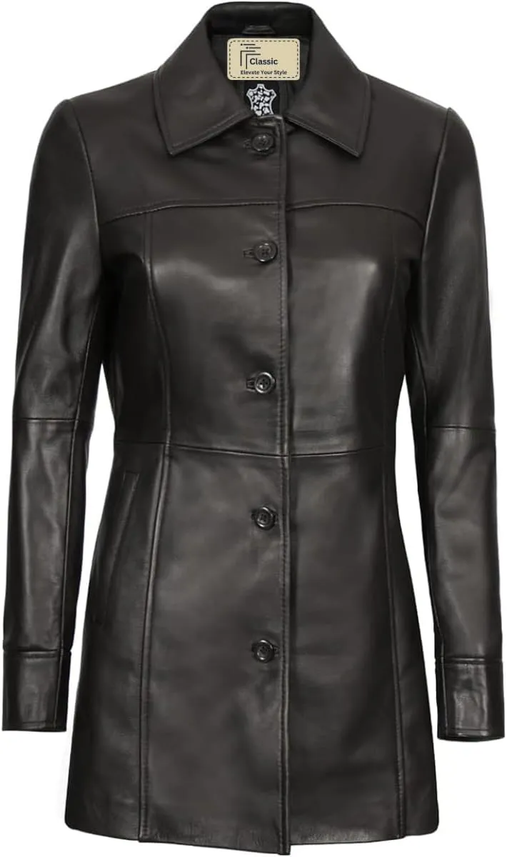 Women's Winter Classic Casual Button Up 3/4 Long Lenght Genuine Lambskin Leather Trench Coat Fashion Jacket