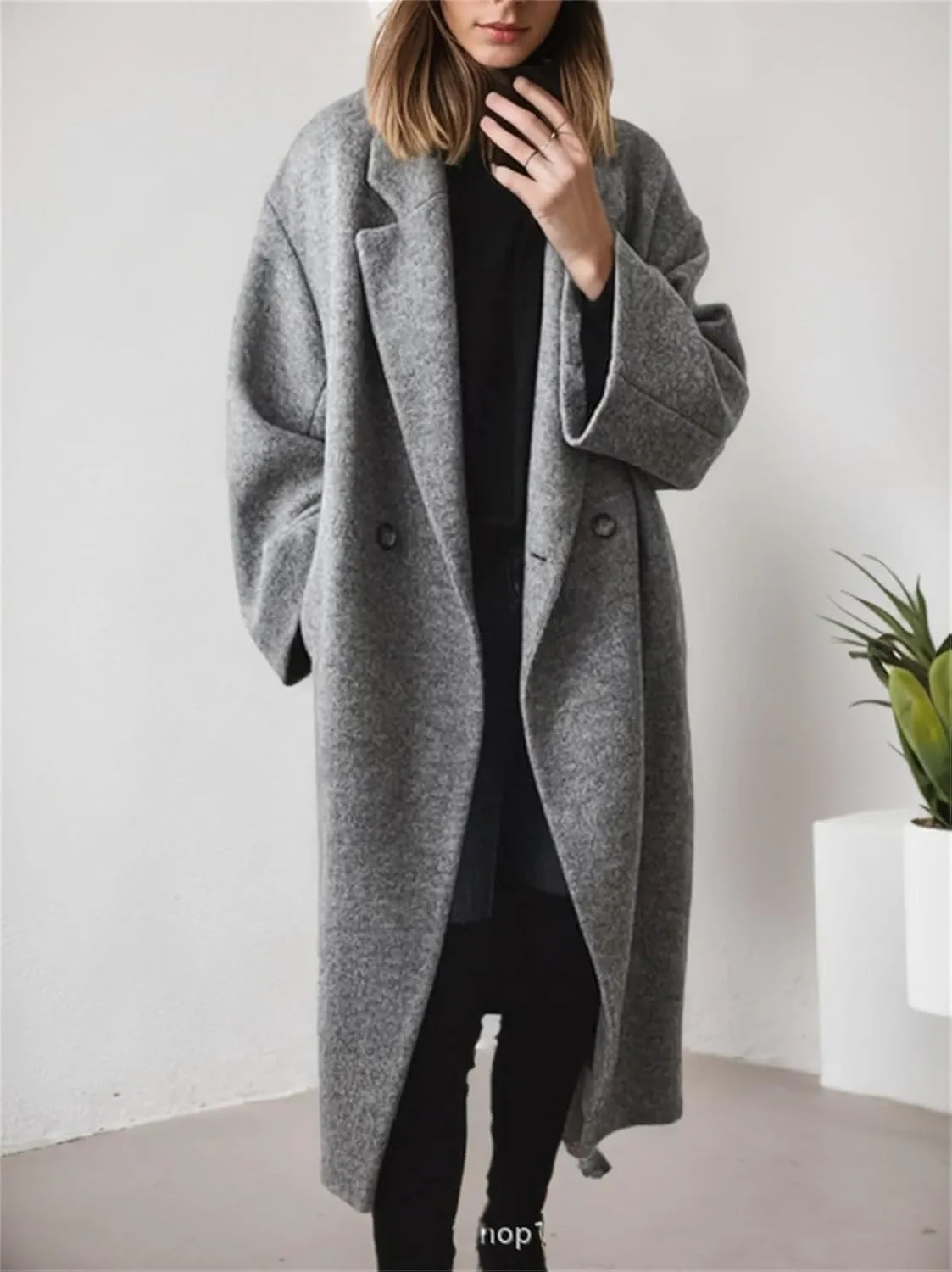 Women's Winter Notched Lapel Trench Coats Double-Breasted Pea Coat Casual Slouchy Overcoat Long Jacket Outerwear