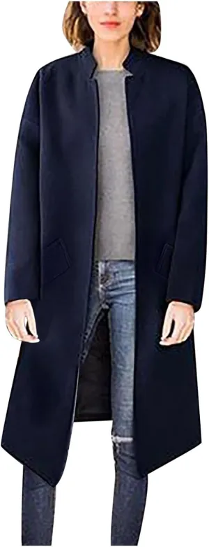 Wool Coats for Women 2024 Trend Winter Long Dress Coats Stand Collar Open Front Trench Coat Work Office Jackets