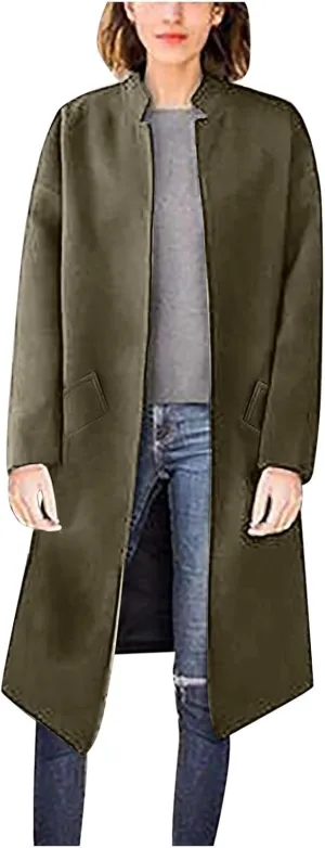 Wool Coats for Women 2024 Trend Winter Long Dress Coats Stand Collar Open Front Trench Coat Work Office Jackets