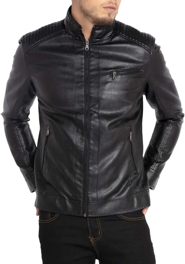 WULFUL Men's Stand Collar Leather Jacket Motorcycle Lightweight Faux Leather Outwear