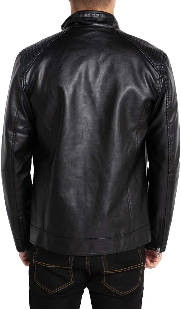 WULFUL Men's Stand Collar Leather Jacket Motorcycle Lightweight Faux Leather Outwear