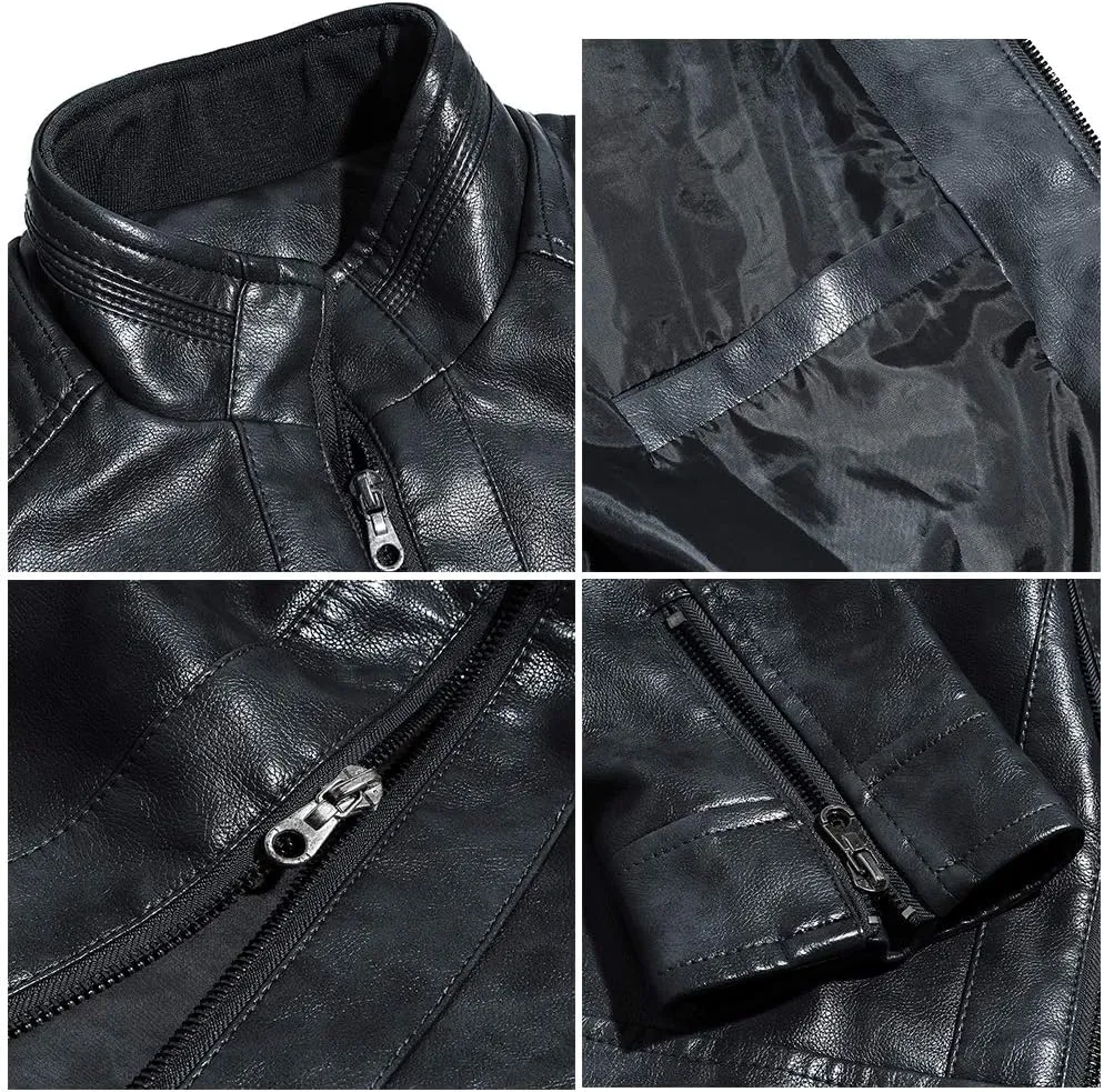 WULFUL Men's Stand Collar Leather Jacket Motorcycle Lightweight Faux Leather Outwear