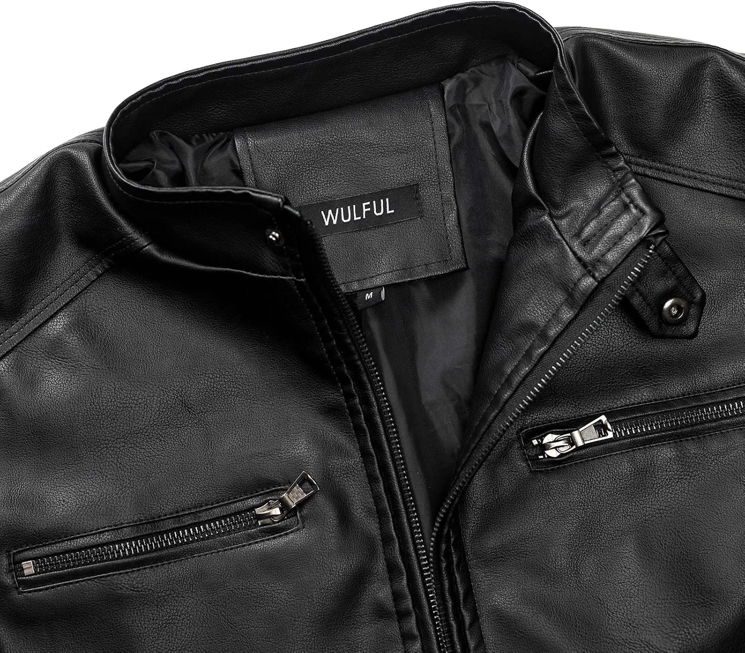 WULFUL Men's Stand Collar Leather Jacket Motorcycle Lightweight Faux Leather Outwear