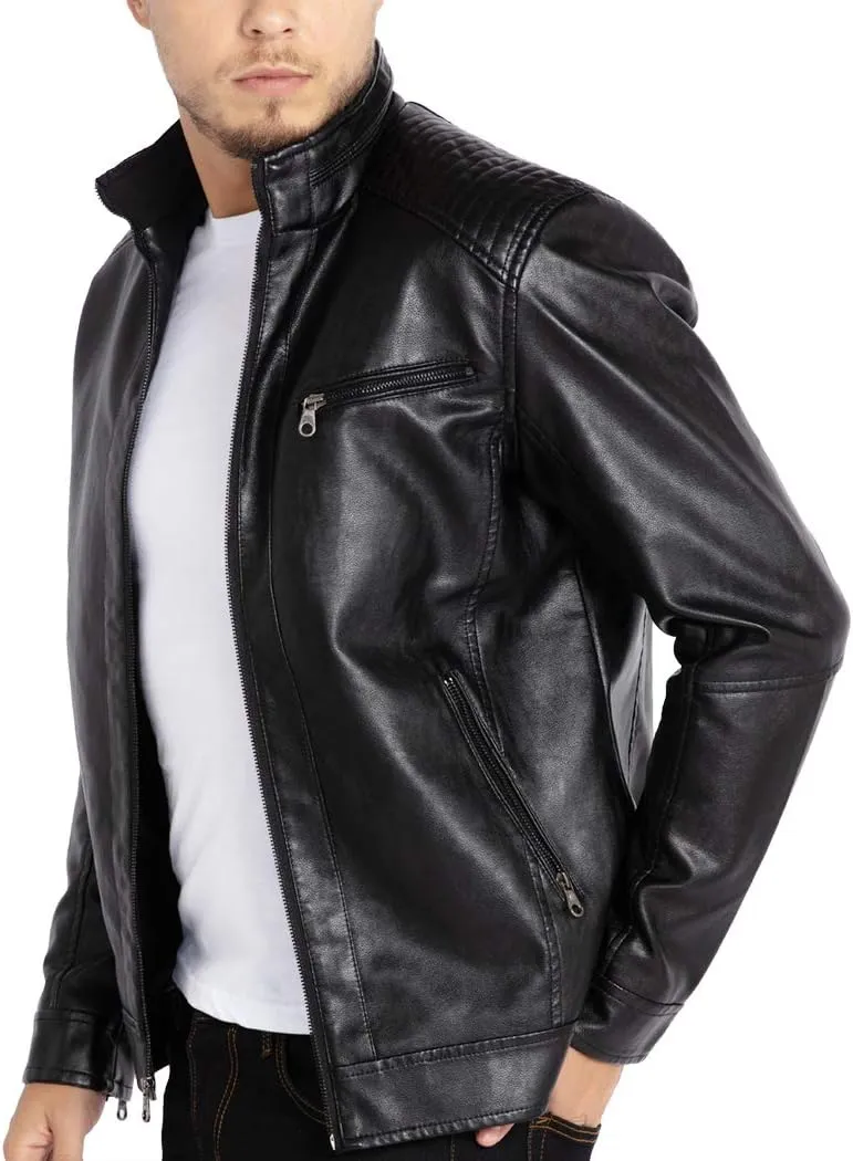 WULFUL Men's Stand Collar Leather Jacket Motorcycle Lightweight Faux Leather Outwear