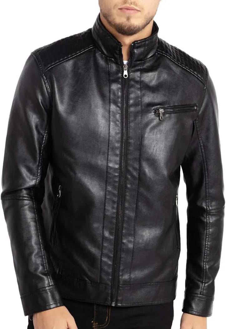 WULFUL Men's Stand Collar Leather Jacket Motorcycle Lightweight Faux Leather Outwear