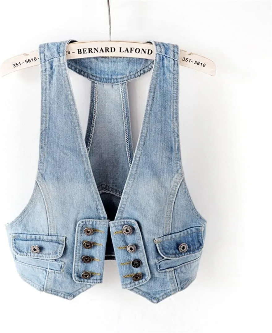 Wvapzxx Spring Short Denim Vest Women's Summer Thin Sleeveless Jacket Vintage Jean Waistcoat