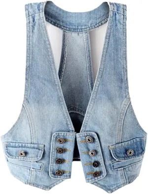 Wvapzxx Spring Short Denim Vest Women's Summer Thin Sleeveless Jacket Vintage Jean Waistcoat