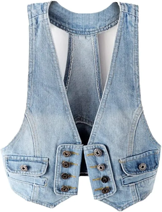 Wvapzxx Spring Short Denim Vest Women's Summer Thin Sleeveless Jacket Vintage Jean Waistcoat